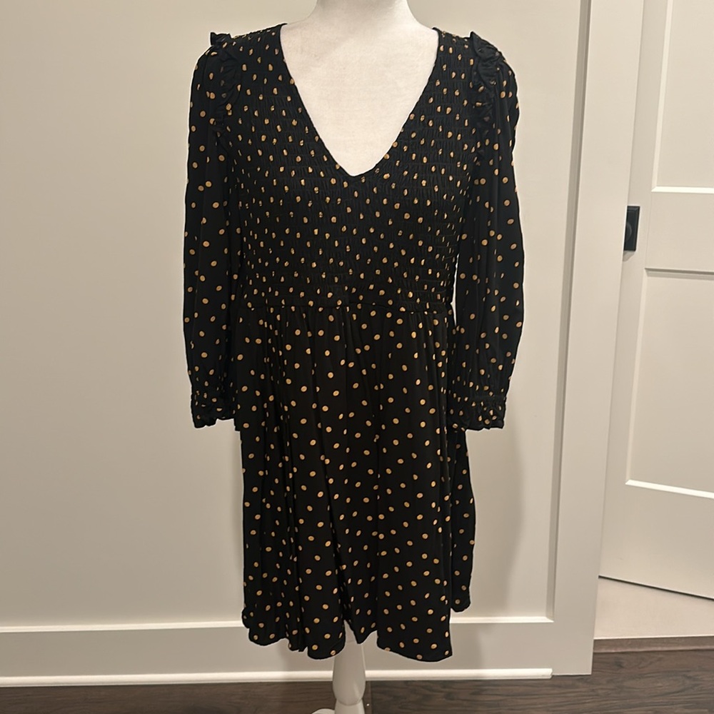 Madewell Smocked Elastic Top Polka Dt V-Neck Dress Sz M